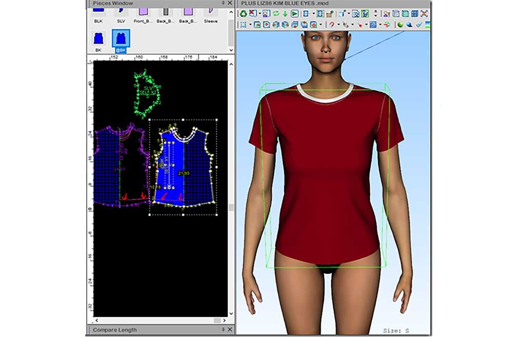 A 3D design screen. Left: 2D pattern pieces and a ruler. Right: 3D model of a red t-shirt on computer generated human form.