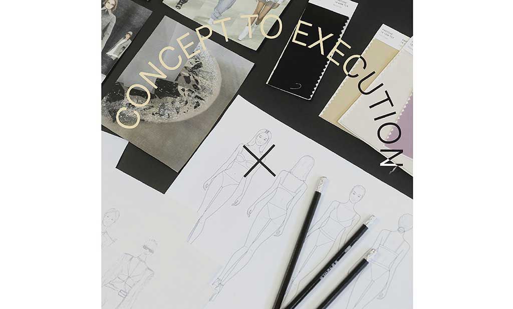 Concept to execution. A desk covered in color swatches, technical drawing of lingerie design and black pencils. Apparelmark is a full service agency and fashion business consultant you can trust. 