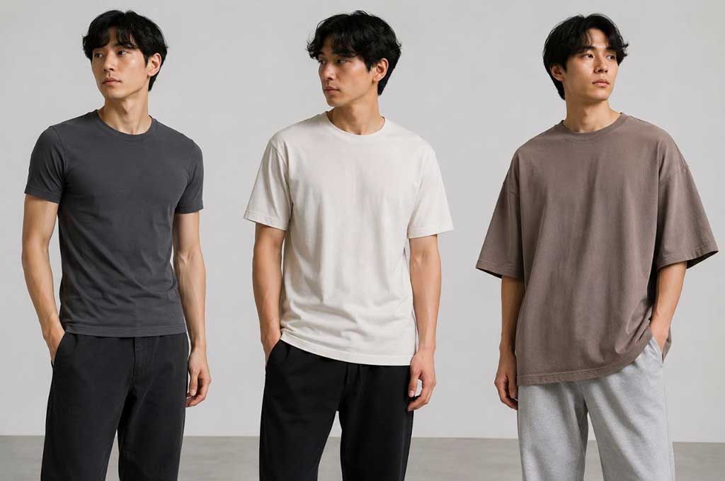Three men wearing T-shirts in slim, regular, and oversized fits to demonstrate how apparel brands define and maintain different fit categories.