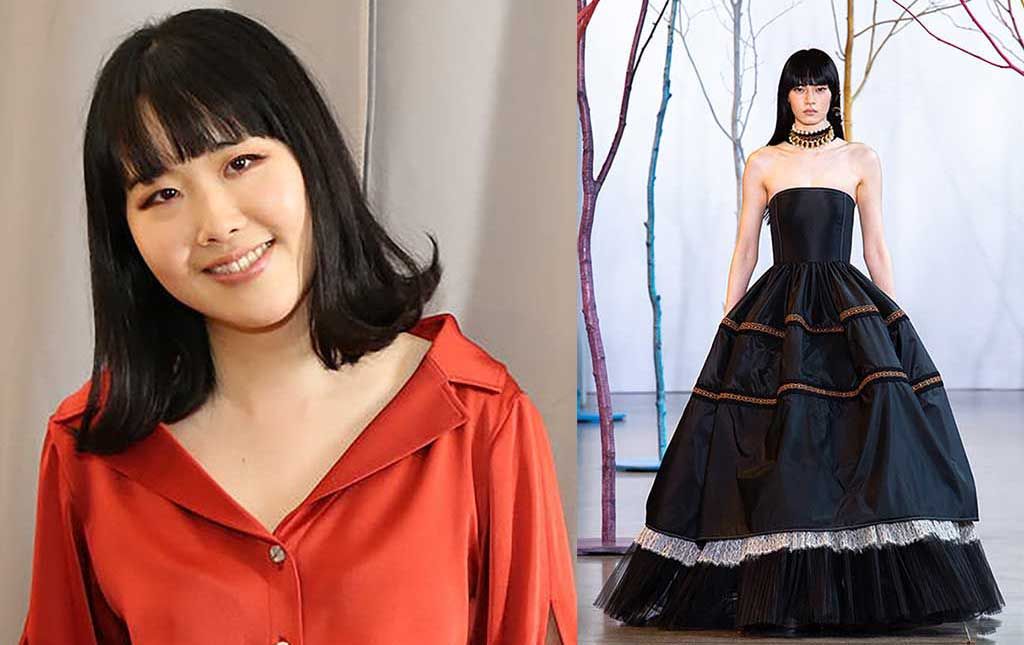 Left: Hanako Maeda wearing a red silk top. Right: Black gown with fitted bodice and full skirt with lace accents