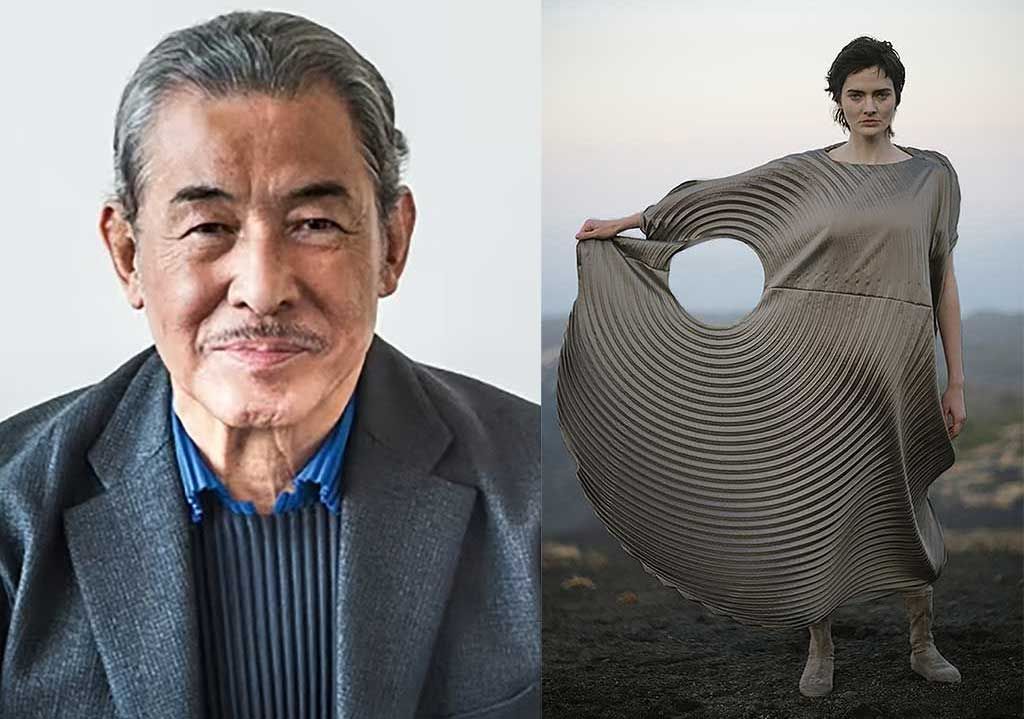 Left: Issey Miyake in gray suit coat and blue ribbed shirt. Right: model wearing gray textured dress with arm out holding connected skirt show concentric circles in design