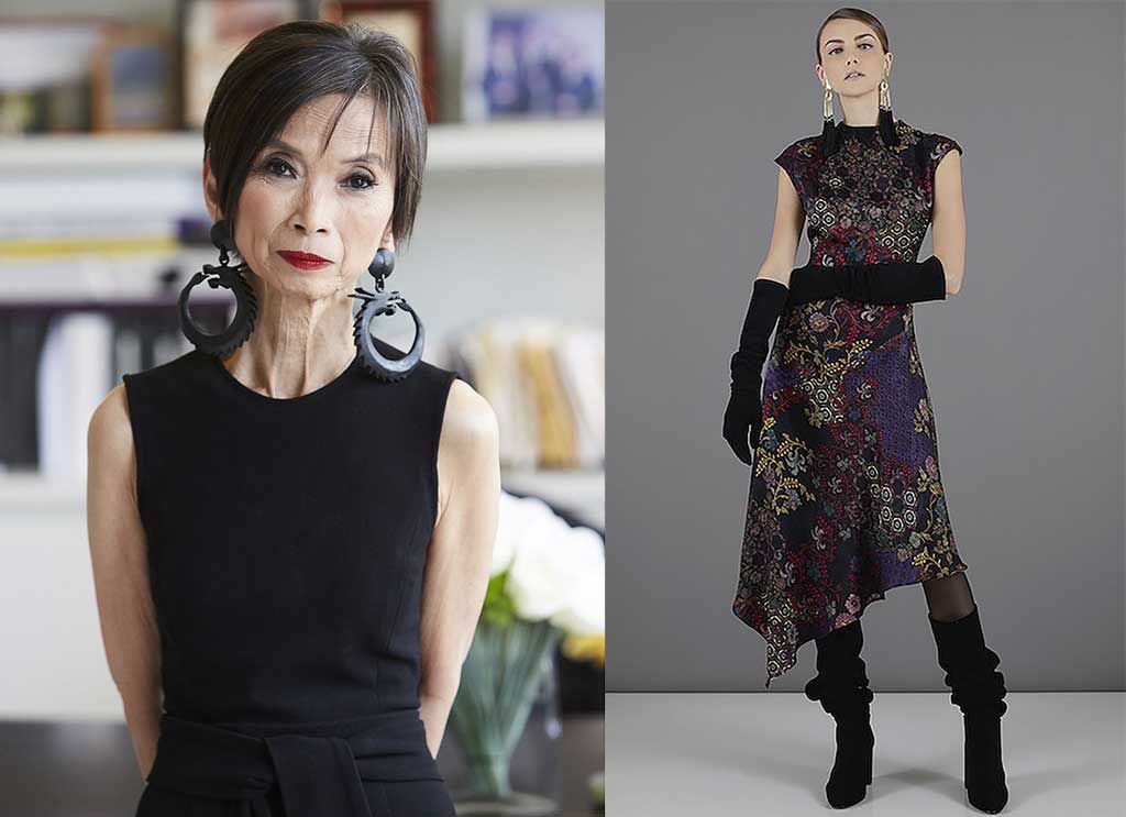 Left: Josie Natori wearing fitted black dress and chunky earrings; Right: Model wearing Natori dress with Asian print and asymmetrical hem with long black gloves