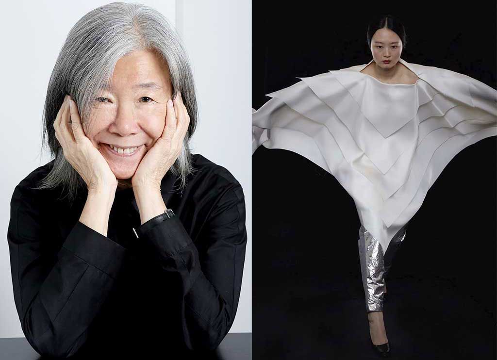 Yeohlee Teng smiling as she rests her face in her hands; Right: Model wearing white layered cape and silver pants