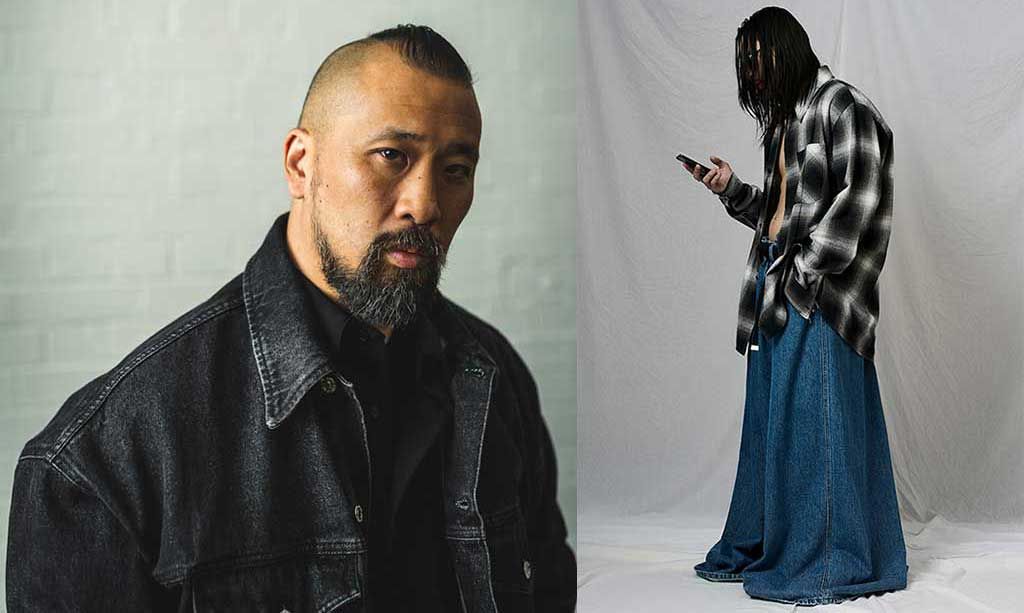 Portrait of Hung La wearing black denim jacket, Right: Model wearing oversized black and white checked shirt and extreme wide leg jeans