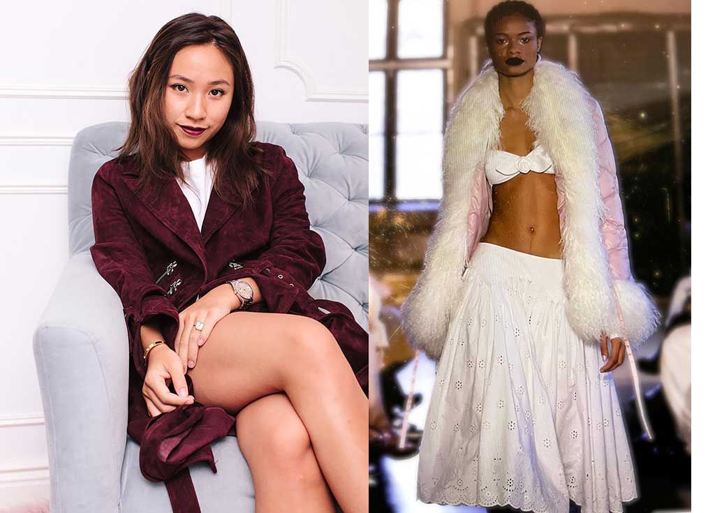 Sandy Liang wearing a burgundy crushed velvet jacket on a gray couch; Right: Runway model wearing white bra and white fur-lined stole with a white eyelet lace skirt.