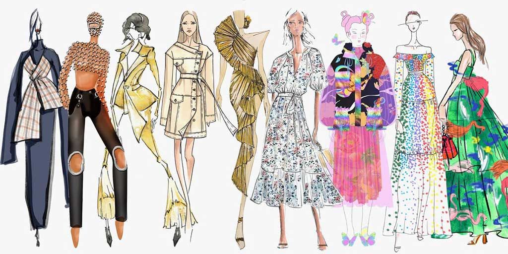 Multiple illustrations of eclectic fashion designs, each outfit is self-expression of the designer and shows how fashion can be used as a communication method.