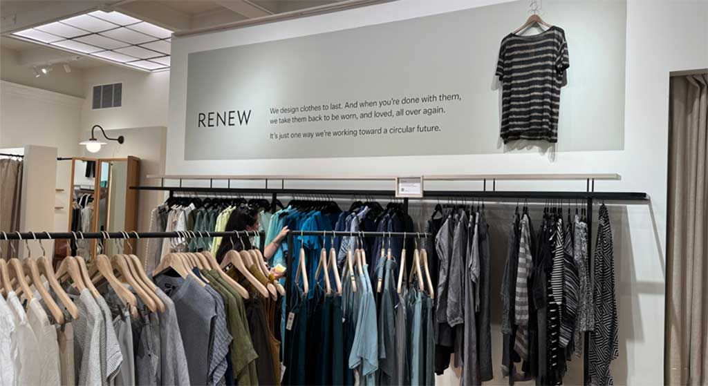 Racks of Eileen Fisher clothing in their Renew section.  Some brands have taken over the secondhand narrative by making their brand-owned resale channels the center of their fashion resale strategy. Eileen Fischer is making the circular fashion business model more profitable in the secondhand fashion market.