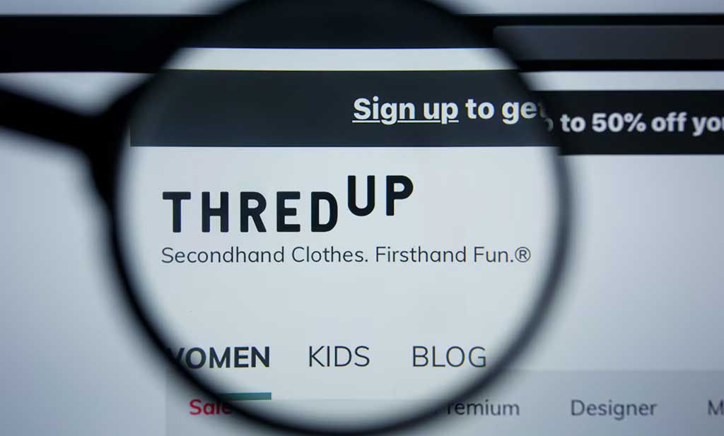 A magnifying glass in front of a digital screen with the ThredUp platform. Fashion resale sites are increasingly popular with consumers, primarily for cost savings and sustainability. ThredUp&rsquo;s fashion resale strategy is to have global reach that affects consumer behavior. Along with other brand-owned resale channels, ThredUp is extending the lifespan of well-made garments. Many brands are creating take-back programs and opening resale sections for their products to leverage this additional income stream while moving toward a more circular fashion business model. Luxury resale is leading the secondhand fashion market.