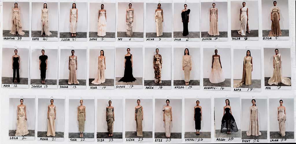 Notes from a fit session. The designer, style, client, and sample number (by date) are listed for reference in production notes. Images of the fit model wearing the garment are on the right with numbered callouts to correlating numbered notes on the left.