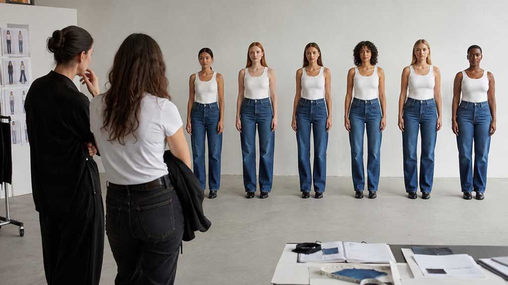 A row of diverse women wearing white tank tops, denim jeans, and black shoes being reviewed by a man and women in a fashion design space.