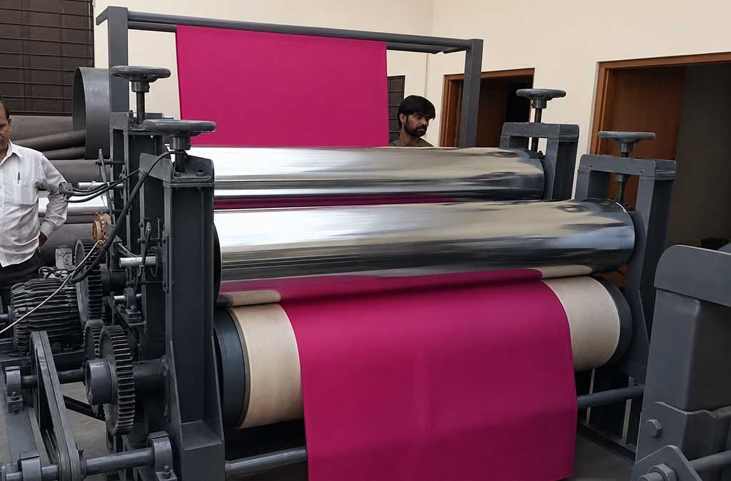 A calendering machine with metal rollers finishing a magenta fabric. Two men inspect the cast iron machine to make sure the fabric is correctly processed.