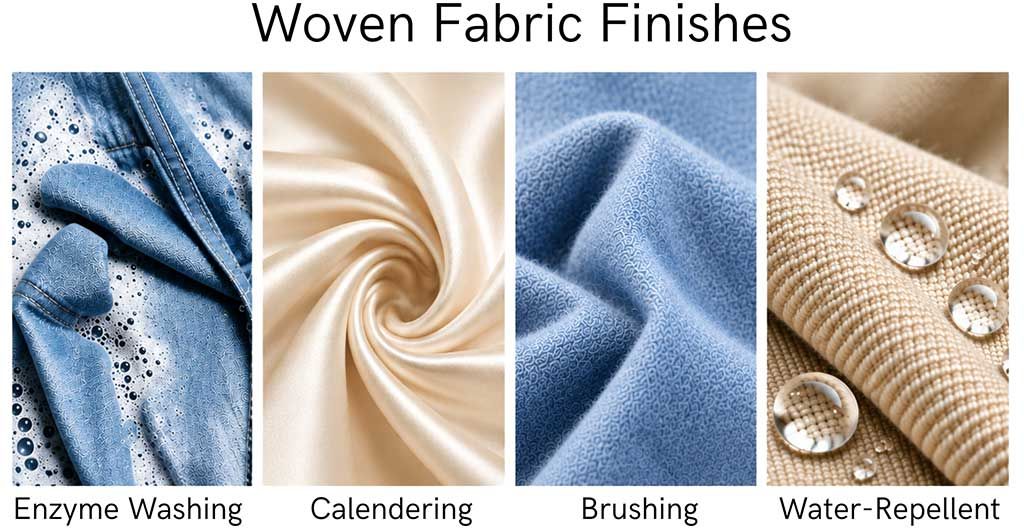 Four side by side images showing different woven fabric finishes. Left to right: denim shirt in being enzyme washed; a very smooth, swirled creme fabric that has been calendered; blue fabric with a brushed finish that has a soft texture; a cream fabric with a water-repellent finish has droplets of water beading up the woven structure.