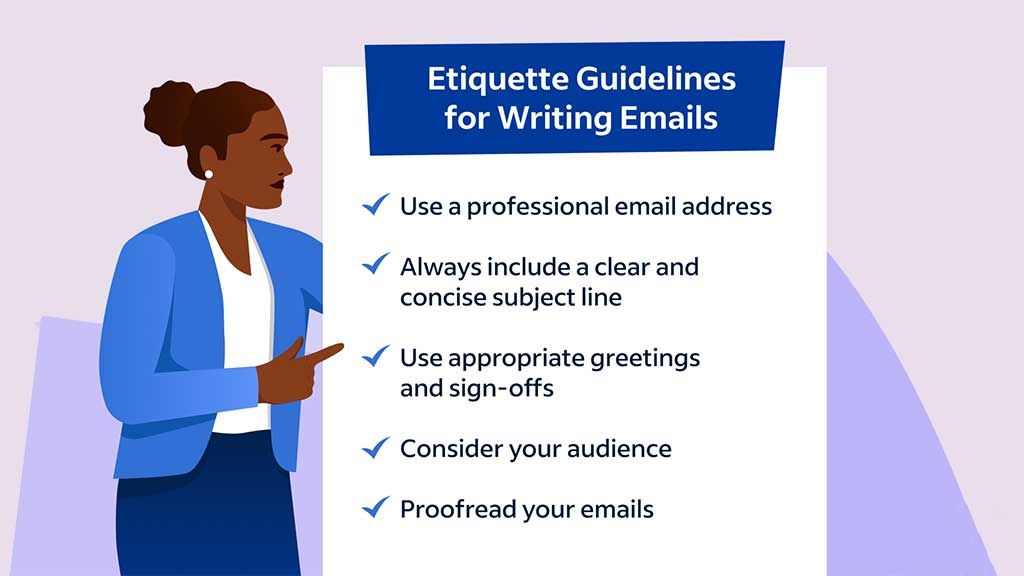 A woman stands pointing at a list titled Etiquette Guidelines for Writing Emails. The list emphasizes the importance of using a professional email address, including a clear and concise subject line, using appropriate greetings and sign-offs, considering the audience, and proofreading emails before sending them. When learning how to write a sourcing inquiry, brands need to focus on clear, concise supplier communication. Apparel manufacturing relies on details like MOQs and apparel categories, so be sure to include that information upfront. Fashion suppliers work with brands that know how to contact a clothing manufacturer and write a sourcing inquiry with realistic expectations and demonstrate industry knowledge in their sourcing strategy.