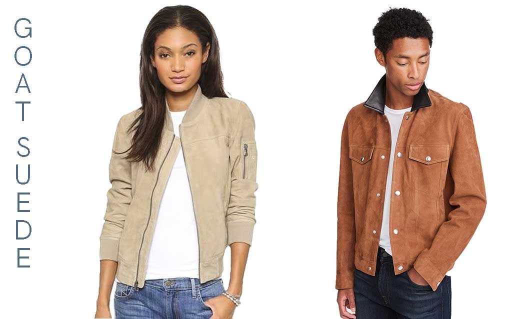 models wearing goat suede jackets over white t-shirts and jeans from World Source Leather.