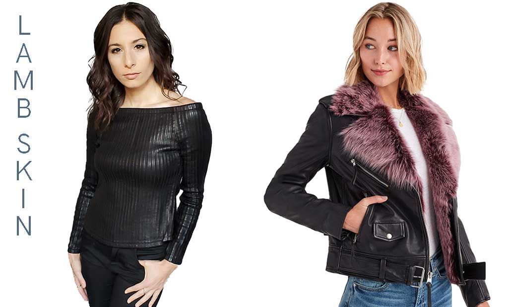 Left: model wearing black lambskin top; Right: Model wearing black lambskin leather jacket lined with fur. Garments are from World Source Leather.