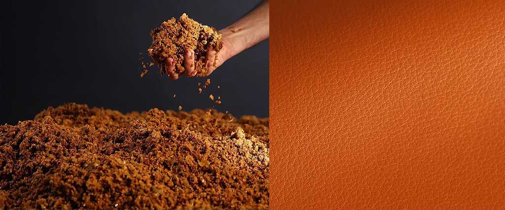 left: Person grabbing a handful of dried apple slurry from a pile. Right: close-up of red-orange apple leather showing texture.