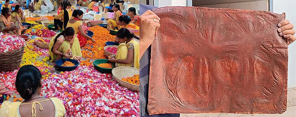 Indian women sitting on the floor separating flowers by variety. Right: finished sheet of brown=red textured fleather about 18 by 24 inches.