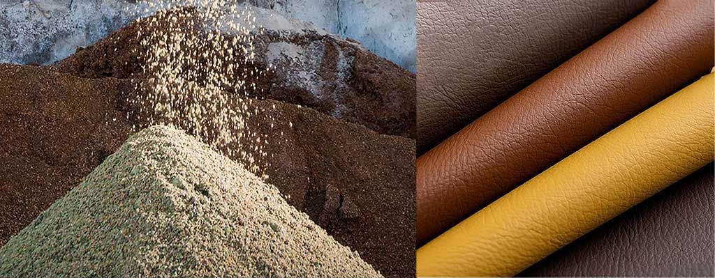 Mounds of olive pomace and finished olive leather in shades of brown