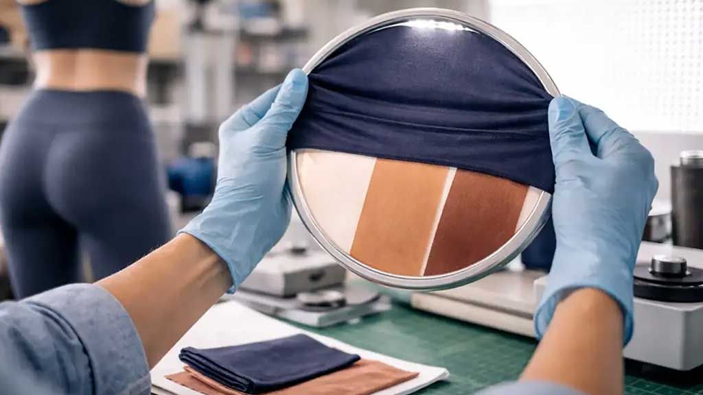 Navy blue knit fabric is stretched, and fabric opacity is measured against a panel of varying skin tones with a lightbox. Fabric performance is evaluated with specialized lab testing.