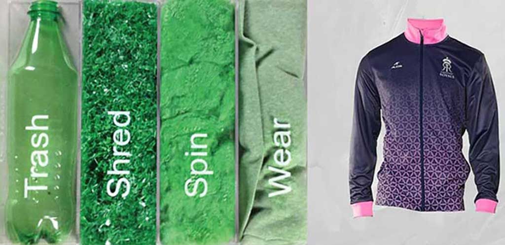 Stages of recycling plastic into fabric from trash, to shred, to spin, to wear. Right: Pink and purple athletic jacket made from recycled plastic to show sustainable fabrics.