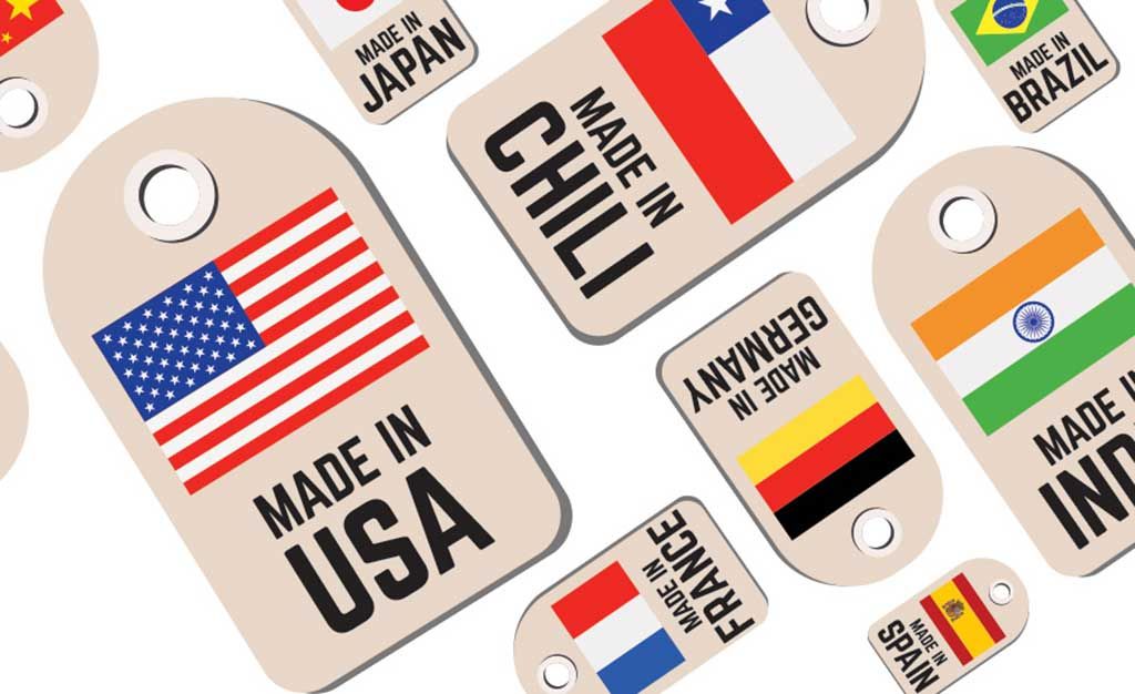 Labels showing country of origin for garments in a sustainable supply chain