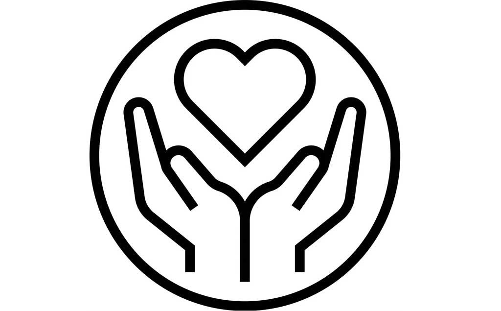 Icon showing materials for a garment are ethically sourced. A circle around a cupped pair of hands with a heart above as part of a sustainable fashion supply chain